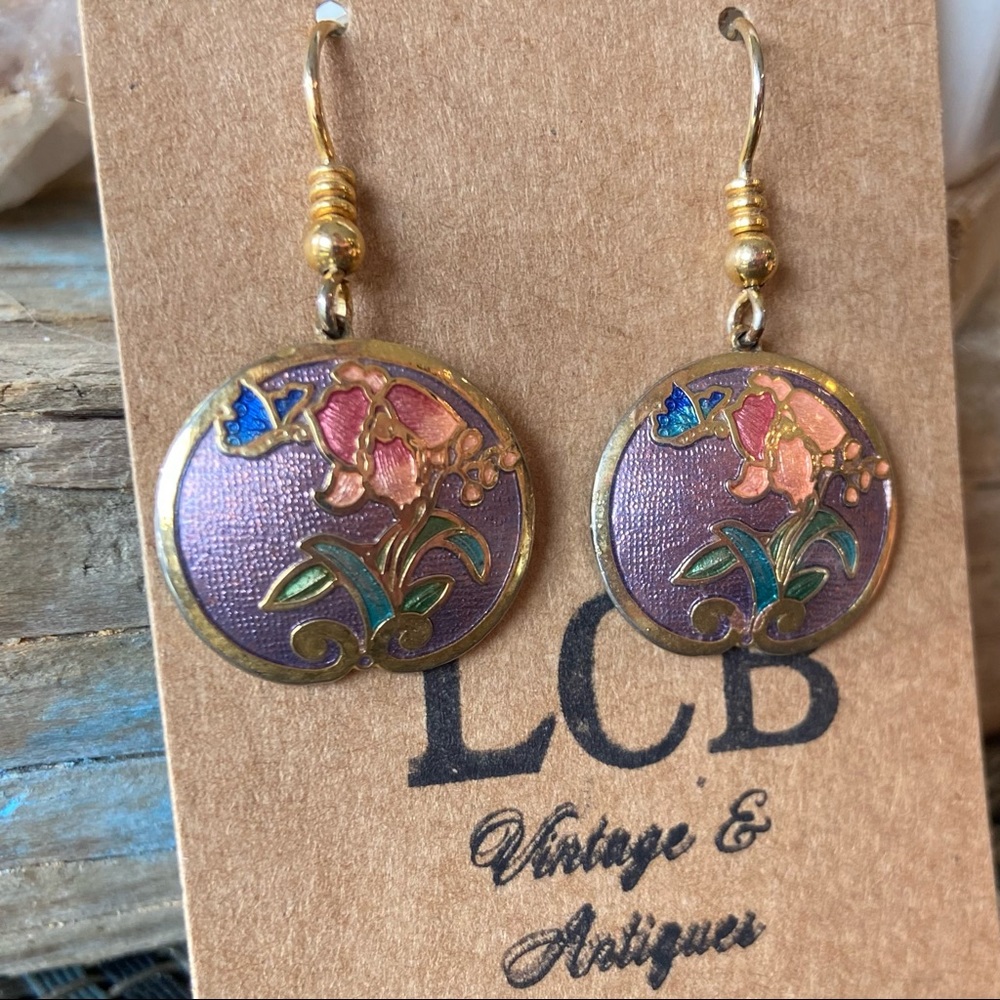 Vintage Asian Painted Enamel Butterfly & Flower Round Drop Earrings with Gold